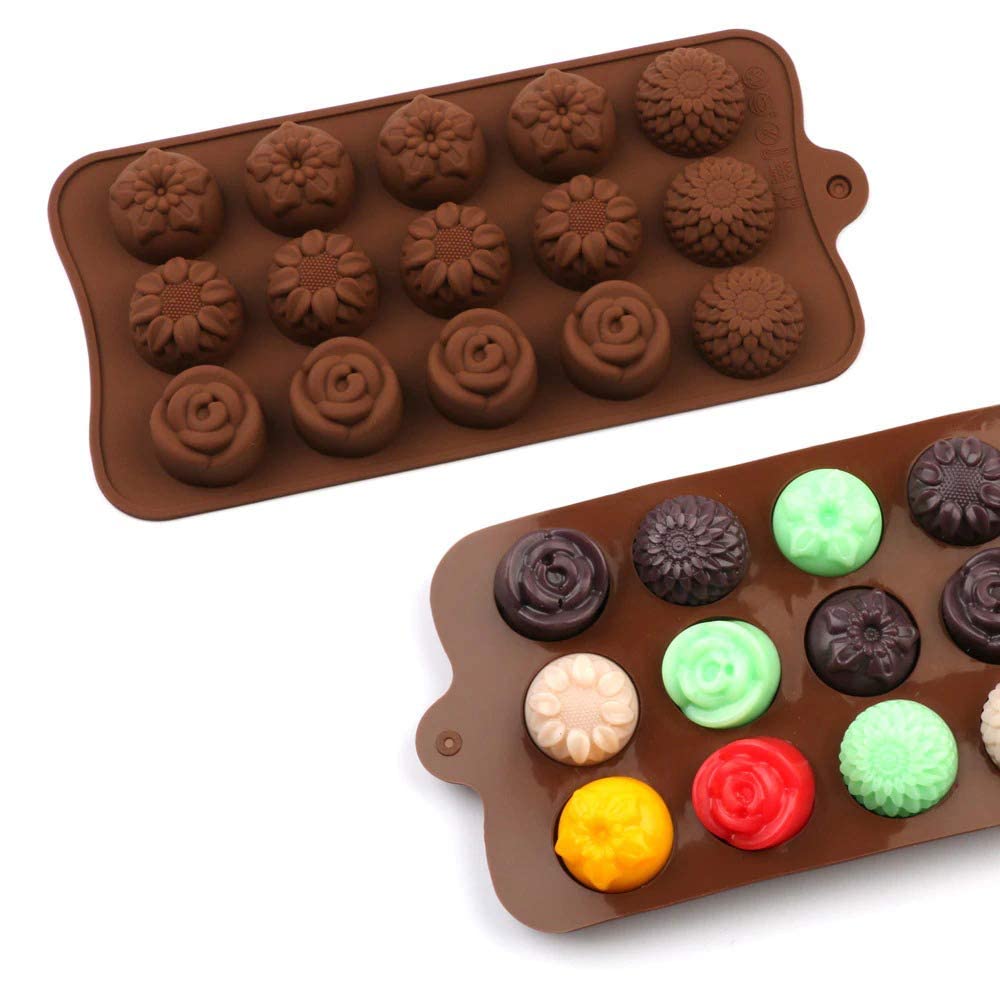 RKPM HOMES Mix Flower Shape Chocolate Mould | Silicone Candy Mold | Baking Tools for Cake Chocolate Candy Ice Jelly | Cake Baking Moulds | Bakeware Molds | Brown – 15 Cavity
