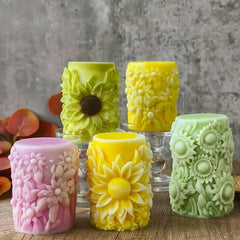 RKPM HOMES Flower Cylinder Candle Mold I 3D Round Pillar Flowers Column Silicone Epoxy Mould I for DIY Handmade Beeswax/Soy Wax Candles Plaster Resin Clay Desktop Home Decor Art Craft Projects (Sunflower)
