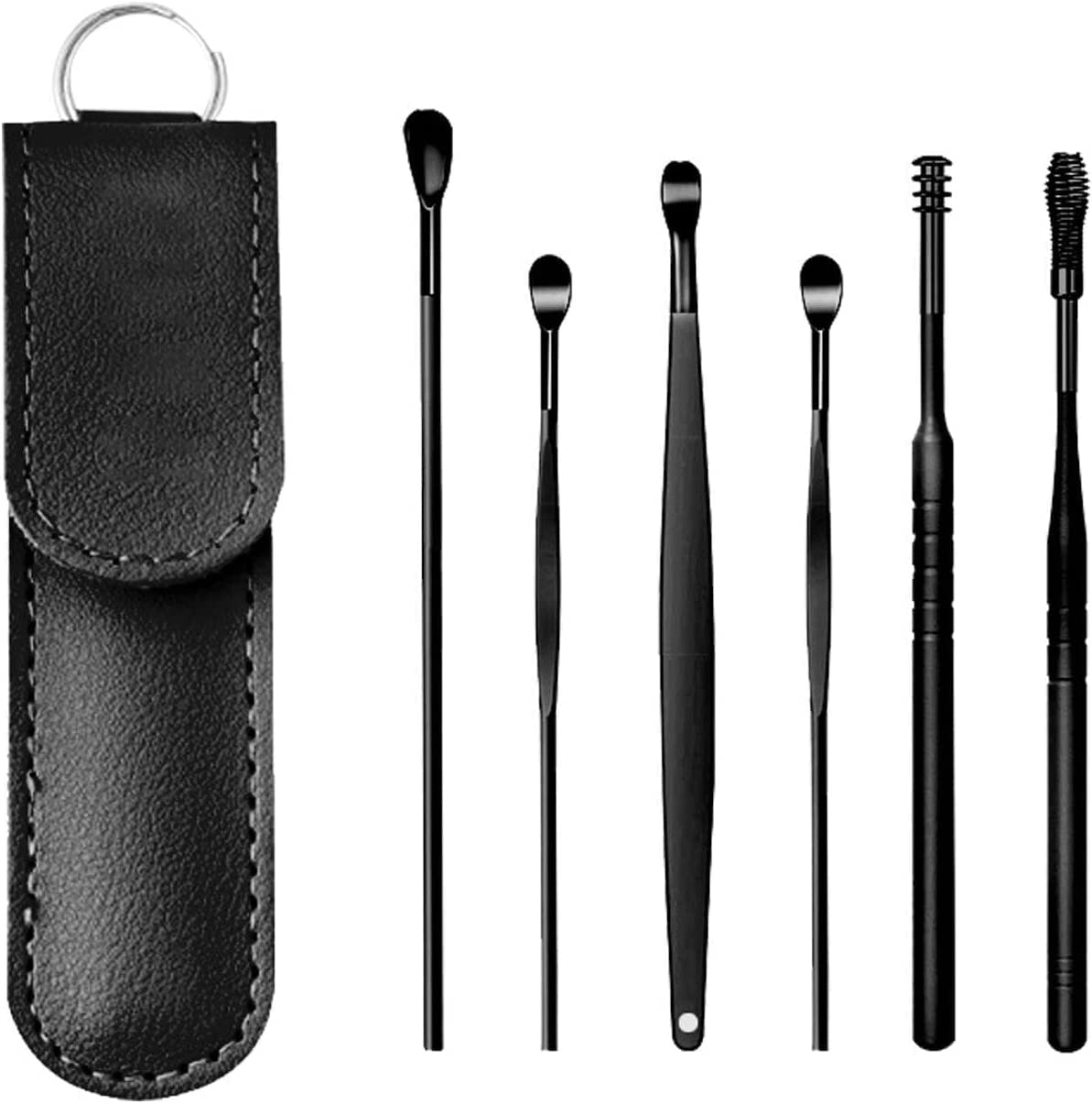 RKPM HOMES Innovative Spring Earwax Cleansing Tool Set | Portable Ear Wax Removal Set | Spoon Ear Picks | 6 Pcs Cleaning Kit for Home and Travel with Leather Storage Bag (Black)