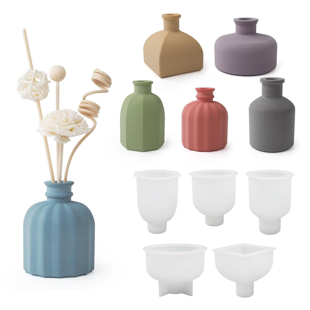 RKPM HOMES Diffuser Bottle Vase Resin Mold I Pillar Casting Plaster Silicone Epoxy Mould I Succulent Concrete Molds for DIY Handmade Candles Jewelry Trinket Storage Flowers Pot Decoration (5 Pcs)