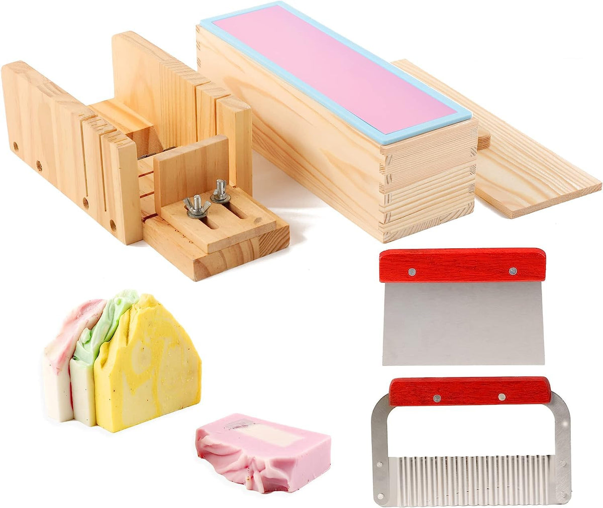 RKPM HOMES Rectangle Silicone Soap Mold with Wood Box, Soap Beveler Planer with Stainless Steel Wavy & Straight Scraper I for Homemade Lotion Bar, Bath Bombs, Craft Art – Set of 5Pc