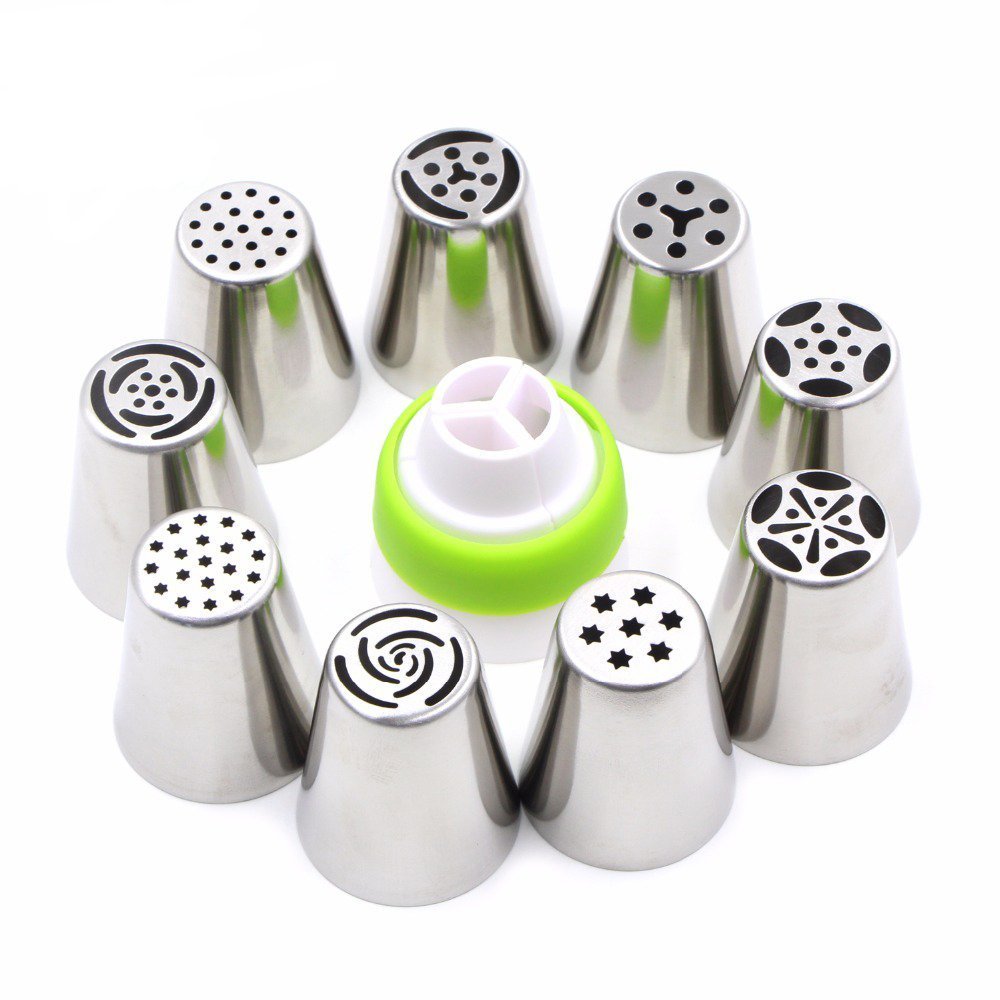 RKPM Cake Decorating Nozzle Set of 9 Russia Icing Piping Nozzles Stainless Steel with 1 Coupler for Decorating Cupcake Pastries Desserts Tarts Pie