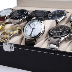 RKPM HOMES Velvet Fabric Glass Faux Leather Watch Organizer Storage Box, Wrist Watch Storage Display Box (12 Cavity) (Watch are Not Include)