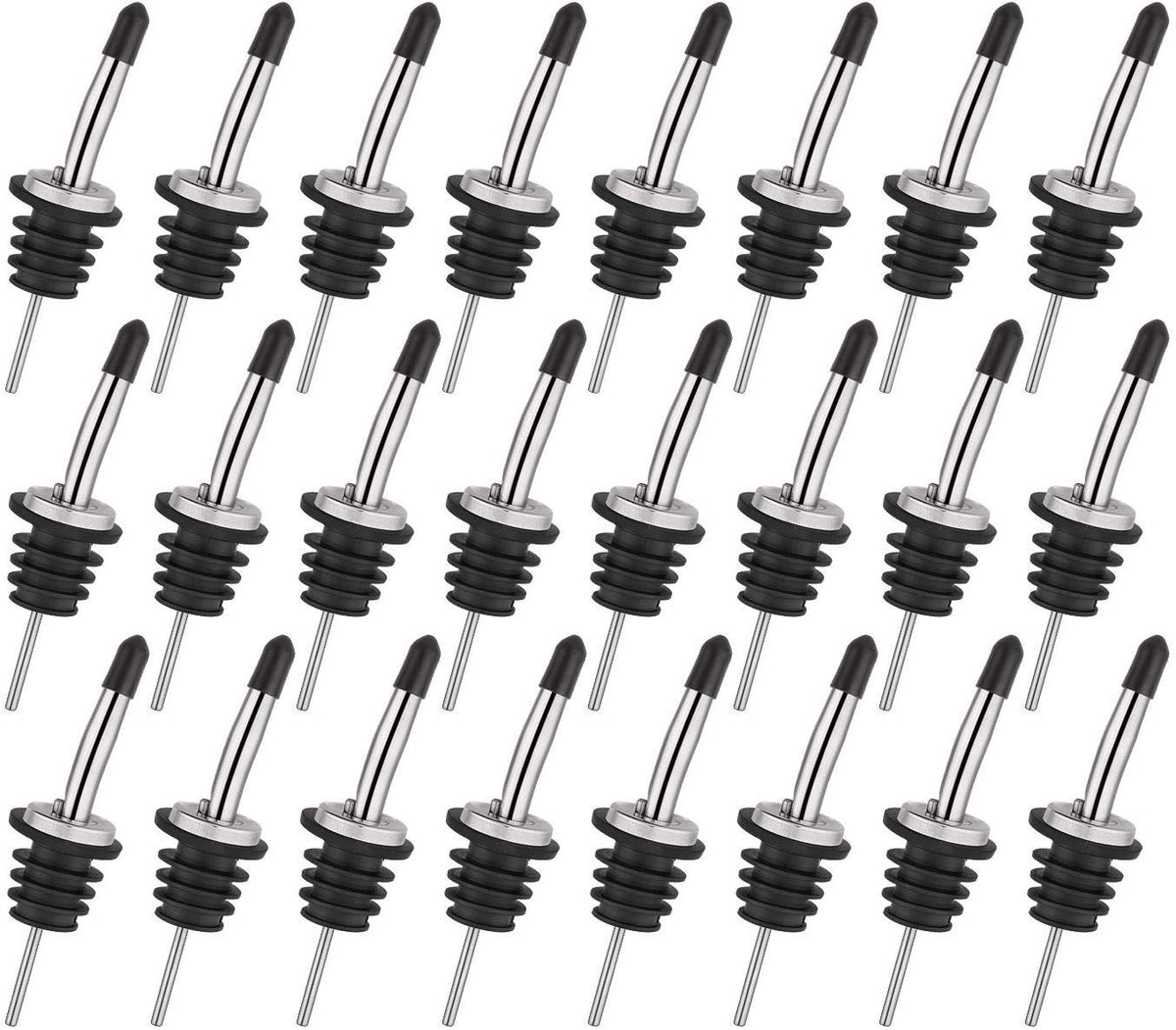 RKPM HOMES™ Stainless Steel Classic Bottle Pourers Tapered Spout - Oil Spout for Olive Oil Pour Set Bottle Spout and Wine Pour Liquor Pourers with Rubber Dust Caps Covers - 24 Pcs