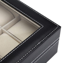 RKPM HOMES Velvet Fabric Glass Faux Leather Watch Organizer Storage Box, Wrist Watch Storage Display Box (12 Cavity) (Watch are Not Include)