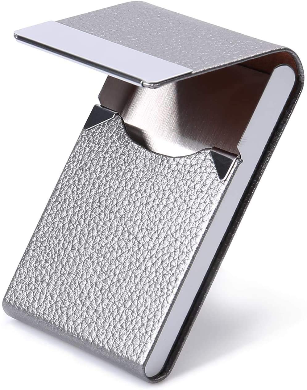 RKPM Business Card Holder Case PU Leather Business Card Case Name Card Holder Slim Metal Pocket Card Holder with Magnetic Shut - Silver