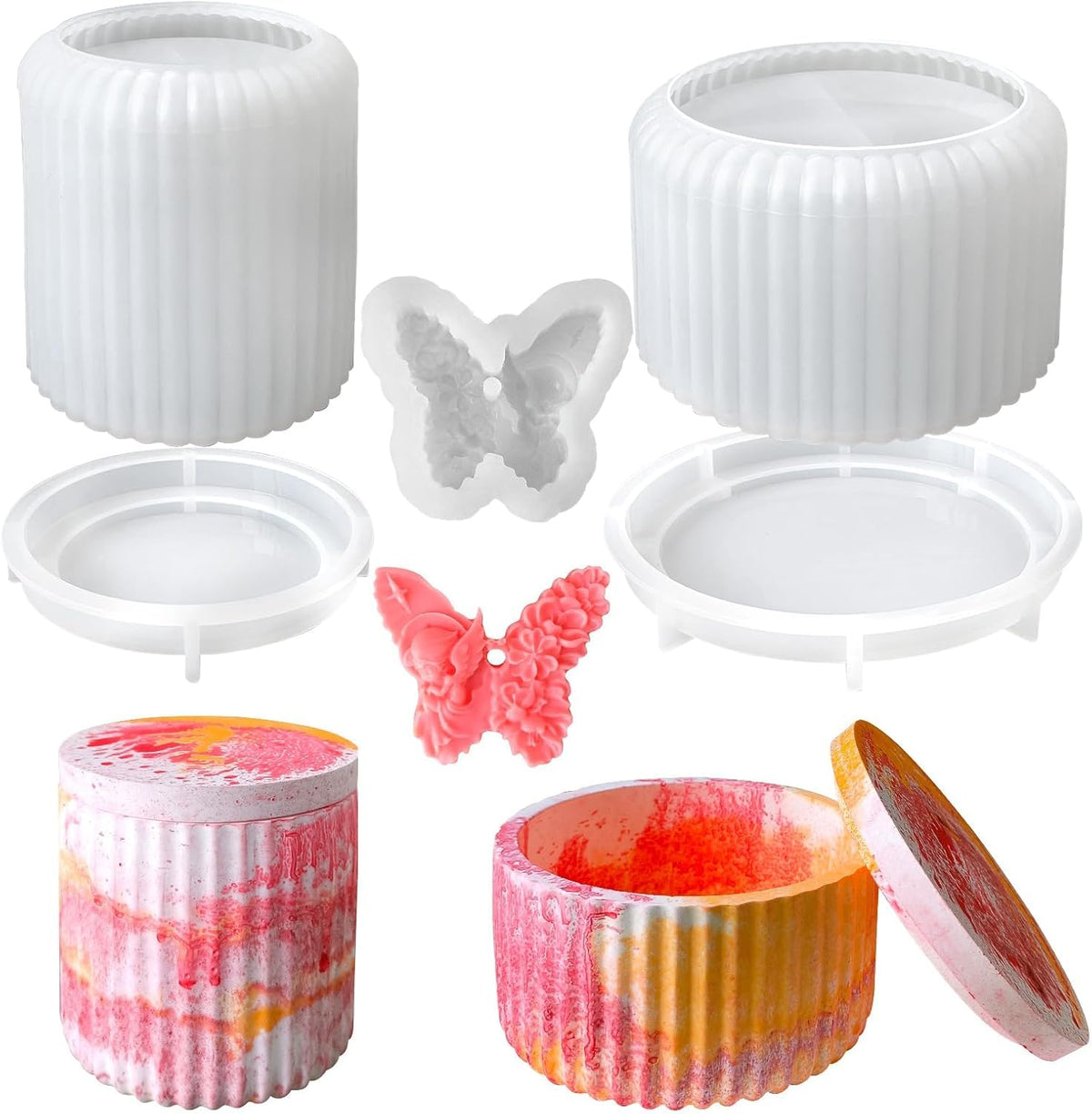 RKPM HOMES 2 Pcs Box Resin and Butterfly Flower Candle Mold I Round Silicone Epoxy Casting Mould with Lid I for DIY Handmade Necklace Earring Jewelry Storage Box Art Craft Making Home Party Decoration (Stripes)