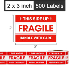 L LIKED 2"x 3" Fragile Stickers for Shipping and Moving, 500 Labels Per Roll Strong Adhesive (Handle with Care,This Side Up)