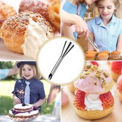 RKPM HOMES Cream Icing Piping Nozzle Tip with Brush | Stainless Steel Nozzle Tips | for Pasty, Puff, Cream Roll, Dessert, Doughnut, Cupcake | Cream Puff Decor Bake Ware Tip - Set of 3 Pcs
