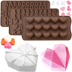 RKPM HOMES Combo of Alphabet, Happy Birthday Numbers Symbols, & 15-Cavity Heart Shape Chocolate Mould with Diamond Heart Shape Cake Mold | Silicone 3D Candy Molds | for Chocolate and Cake Decoration