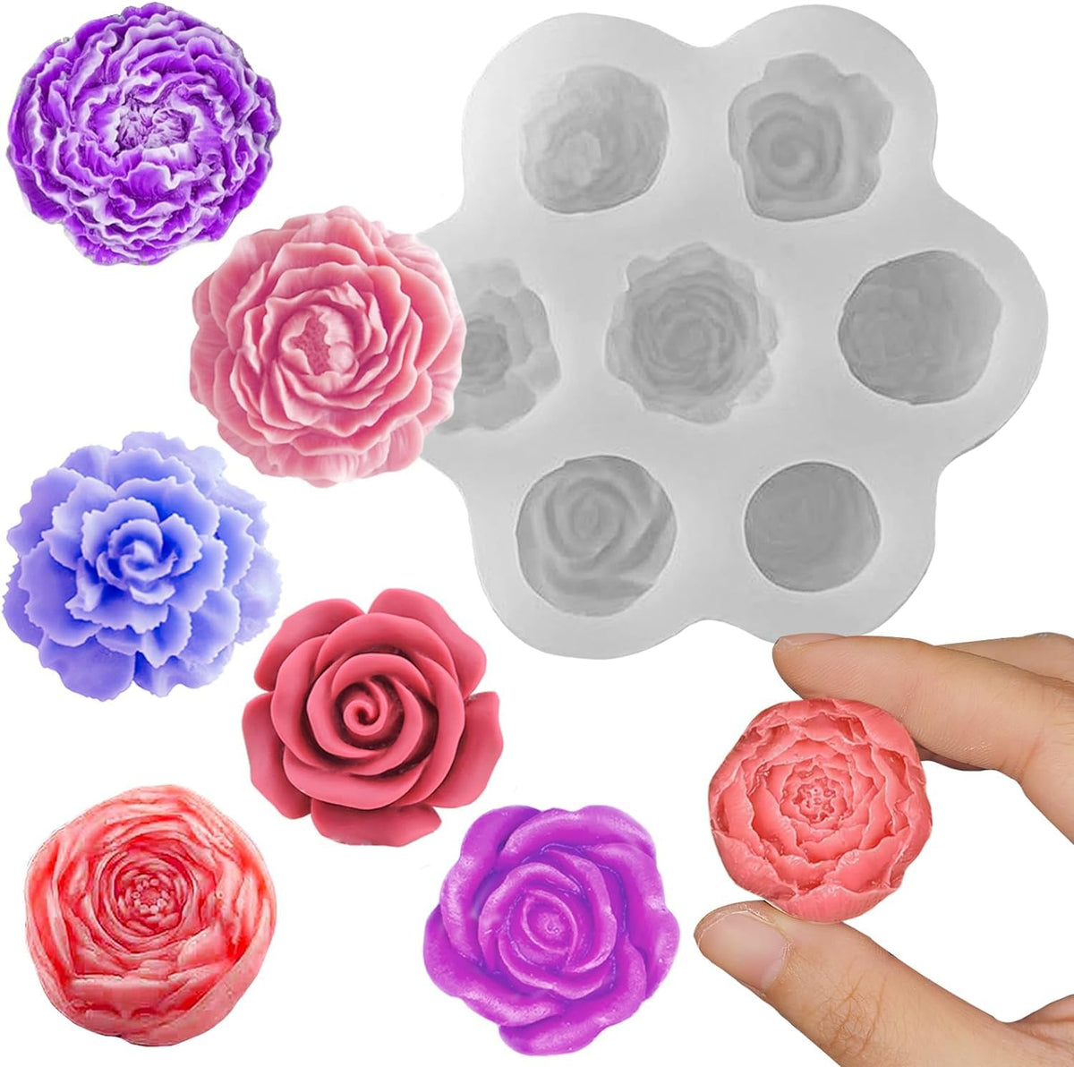 RKPM HOMES Different Flower Chocolate Mould I 3D Fondant Rose Peony Floral Silicone Epoxy Cupcake Mold Tray I for DIY Handmade Cake Décor Candy Cookies Gummy Muffin Soap Resin Candle Making - 7 Cavity