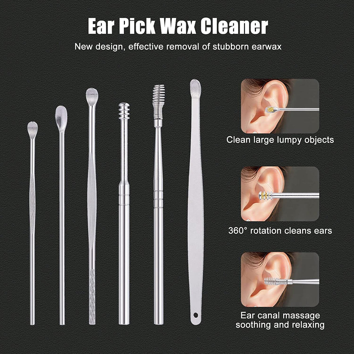 RKPM HOMES 6 Pcs Innovative Spring Earwax Cleansing Tool Set | Portable Ear Wax Removal Set | Stainless Steel Spoon Ear Picks | Cleaning Kit for Home and Travel with PU Leather Case (Yellow)
